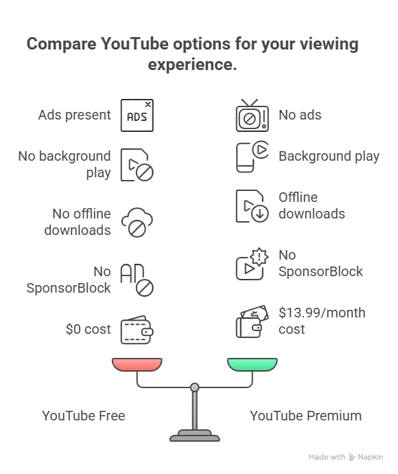 Vanced APK features overview infographic, ad-free YouTube, background play, SponsorBlock, 4K streaming for Android